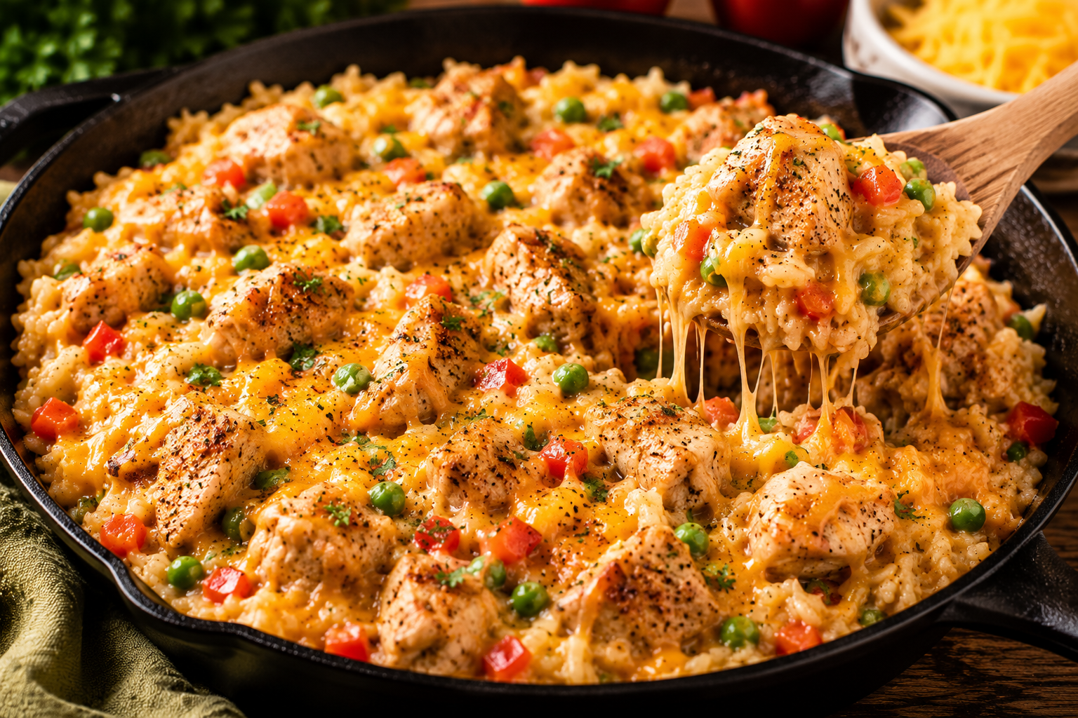 Cheesy Chicken and Rice Skillet with tender chicken, melted cheddar cheese, fluffy rice, peas, and bell peppers.