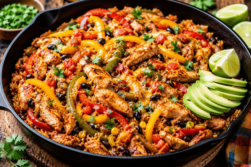 Chicken Fajita Rice Skillet with seasoned chicken, bell peppers, rice, black beans, corn, avocado, and cilantro.