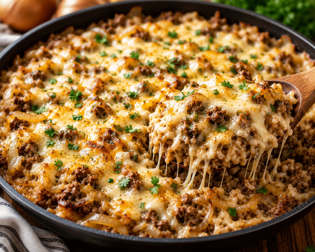 Close-up of French Onion Ground Beef and Rice Skillet topped with melted Swiss and mozzarella cheese, caramelized onions, and fresh parsley, with a cheesy spoonful being lifted from the skillet.