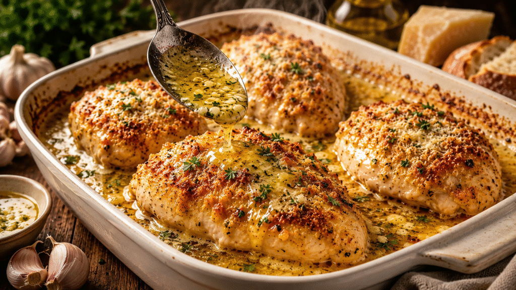 Garlic Parmesan Chicken Bake served in a rustic ceramic baking dish with juicy baked chicken breasts basted in a rich garlic Parmesan butter sauce and finished with fresh parsley.