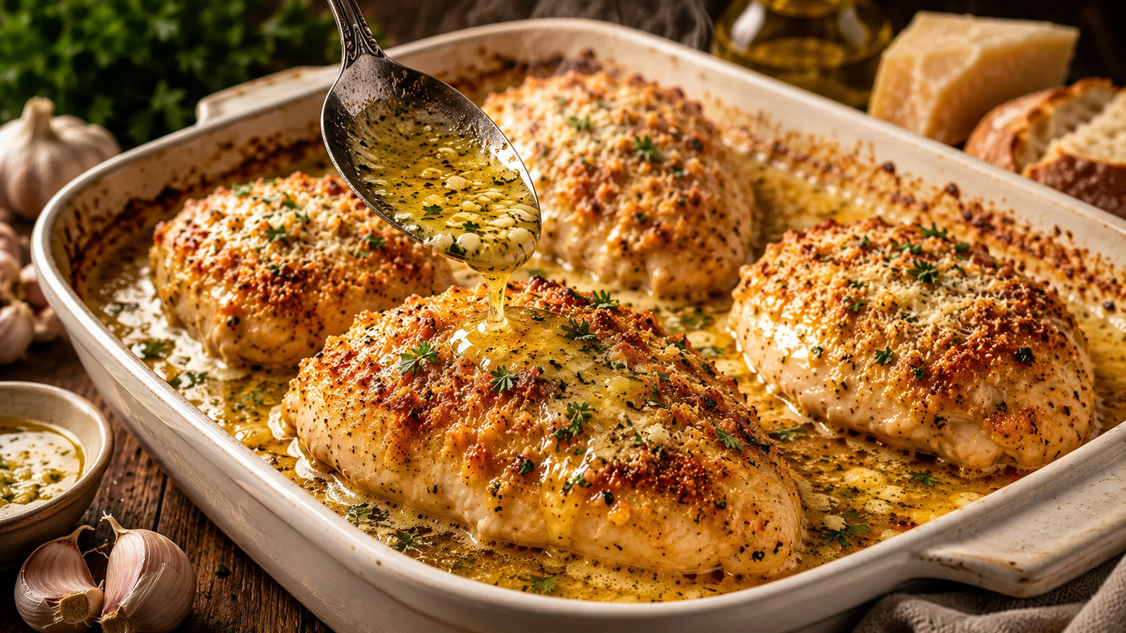 Garlic Parmesan Chicken Bake served in a rustic ceramic baking dish with juicy baked chicken breasts basted in a rich garlic Parmesan butter sauce and finished with fresh parsley.