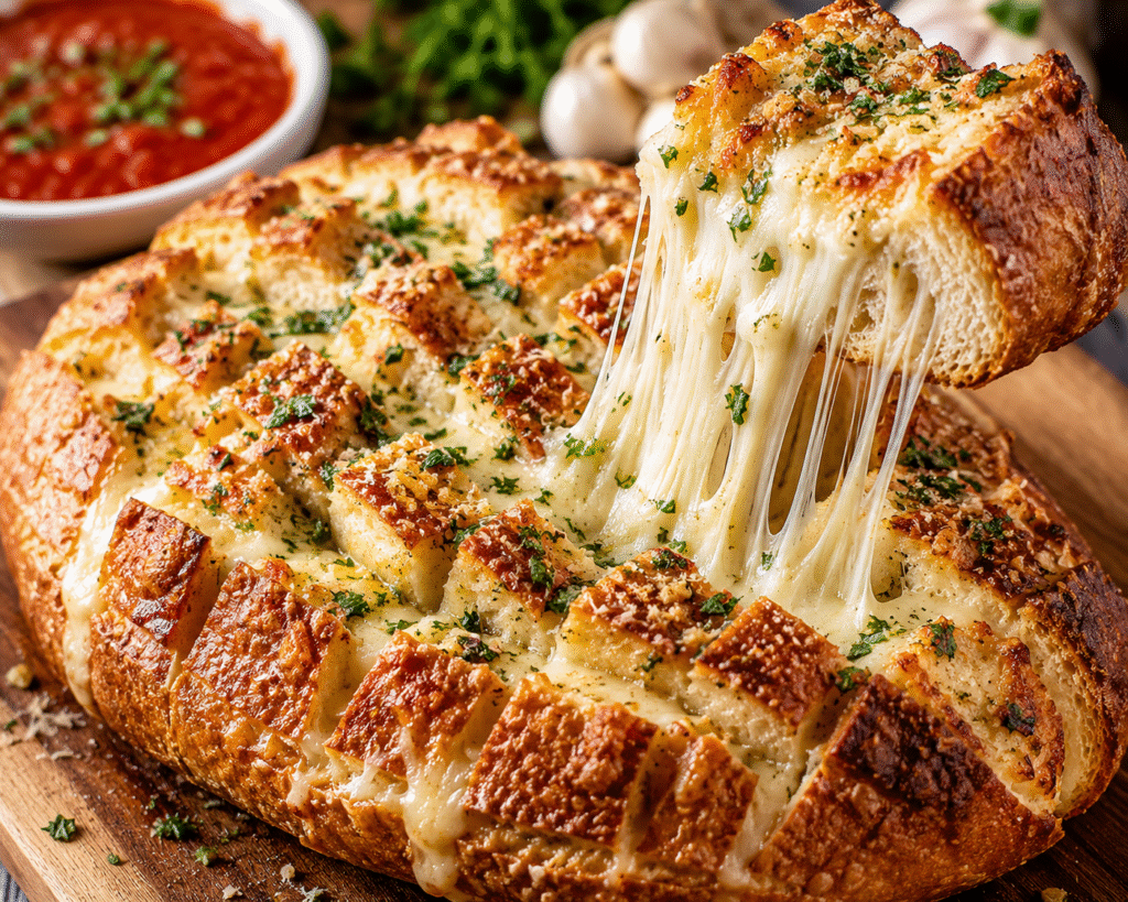 Close-up of Cheesy Pull-Apart Garlic Bread with gooey mozzarella cheese pulls, golden crust, garlic herb butter, and fresh parsley served on a wooden board.