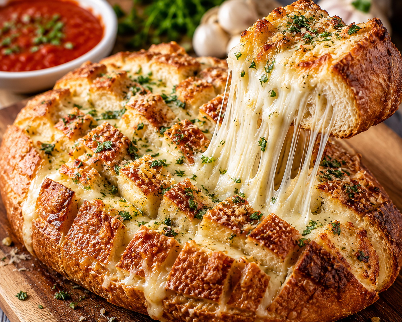Close-up of Cheesy Pull-Apart Garlic Bread with gooey mozzarella cheese pulls, golden crust, garlic herb butter, and fresh parsley served on a wooden board.