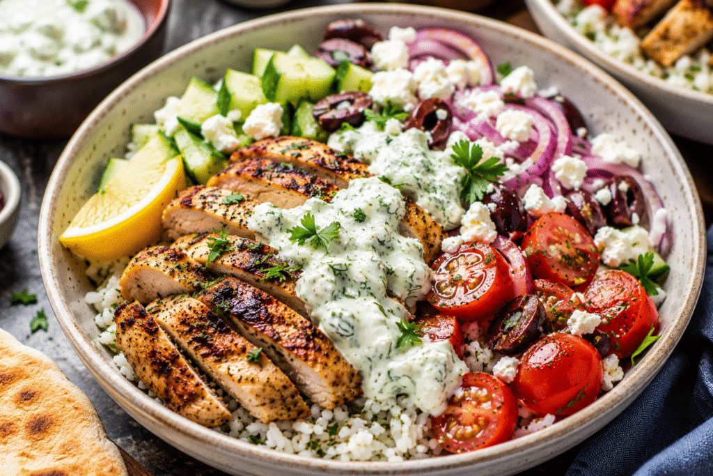 Greek Chicken and Rice Bowl with grilled chicken, cucumber, tomatoes, feta cheese, olives, and tzatziki sauce.