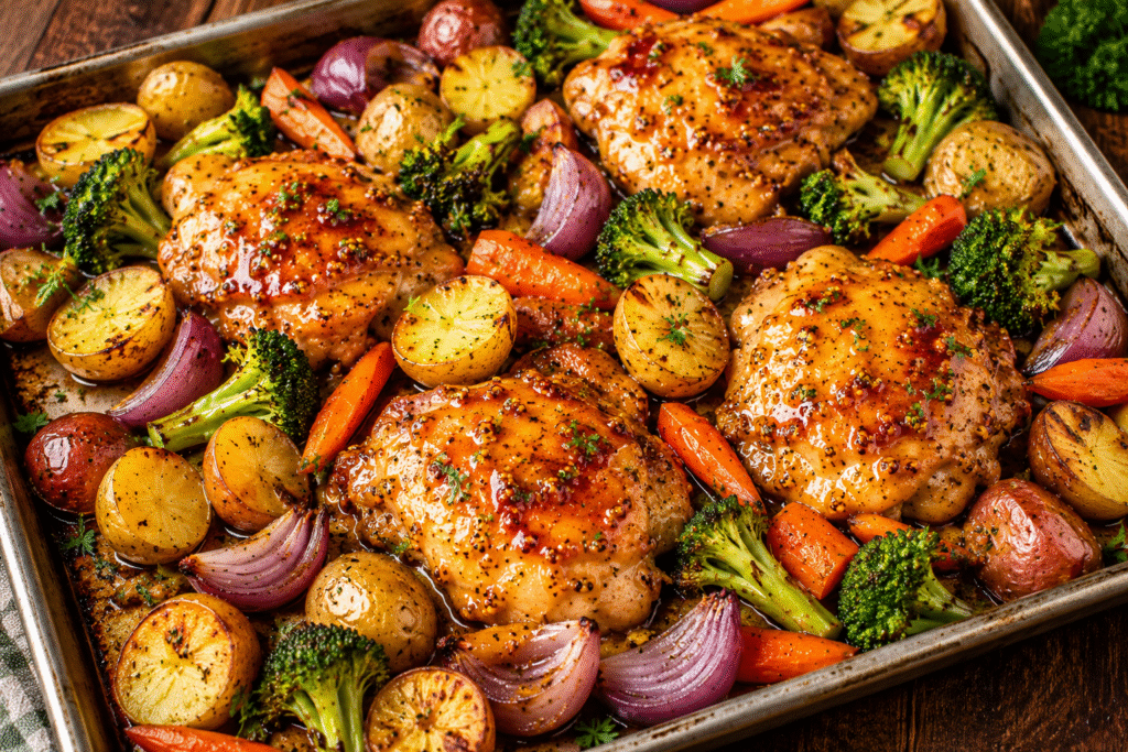 Honey Mustard Chicken Sheet Pan Dinner with roasted potatoes, broccoli, carrots, and red onions.