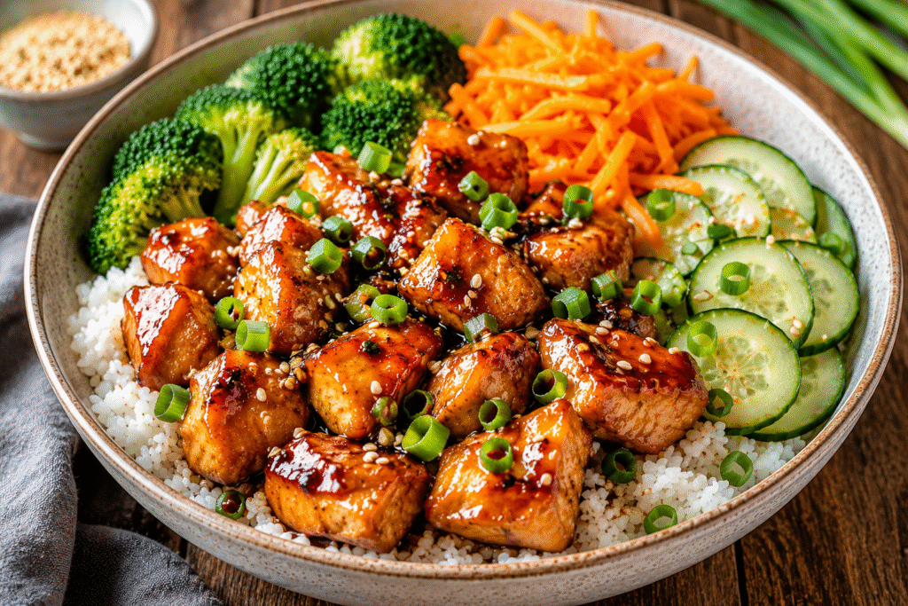 Honey Garlic Chicken Rice Bowl with glazed chicken, jasmine rice, broccoli, carrots, cucumber, sesame seeds, and green onions in a rustic ceramic bowl.