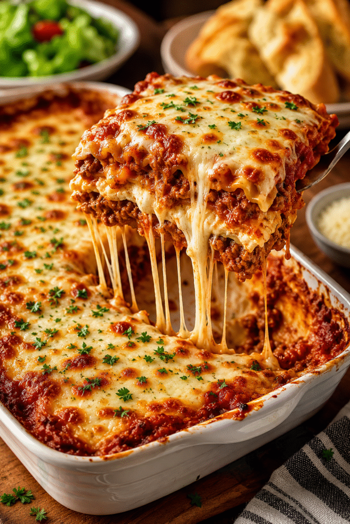 Close-up of a cheesy beef lasagna with layers of meat sauce, creamy cheese filling, and melted mozzarella being lifted from the baking dish with dramatic cheese pulls.