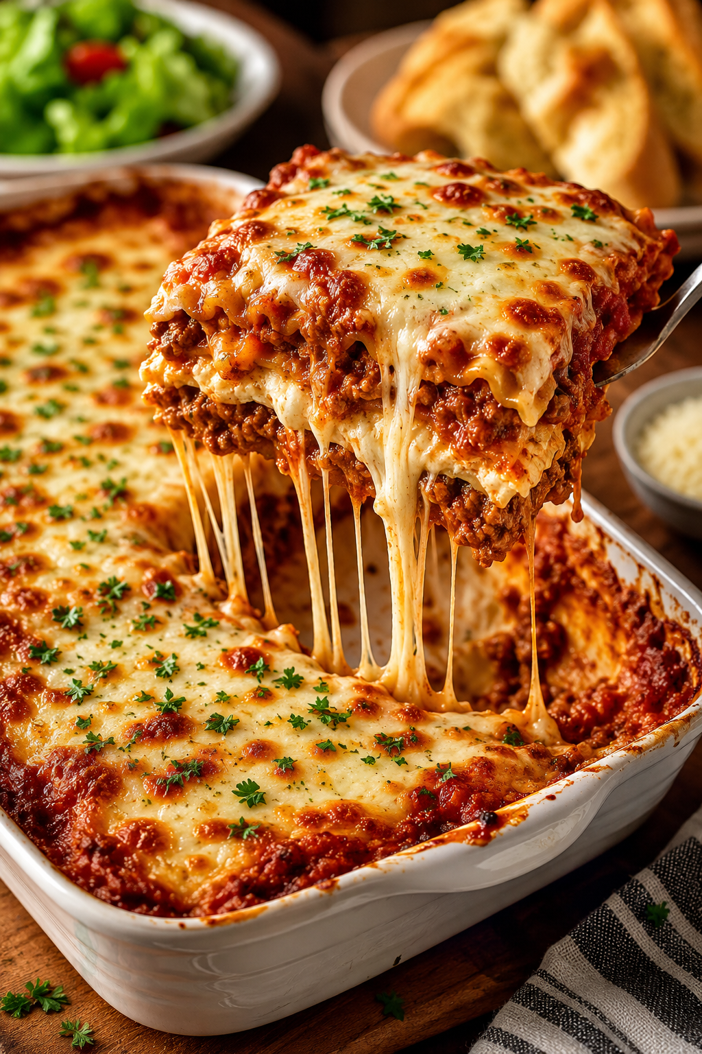 Close-up of a cheesy beef lasagna with layers of meat sauce, creamy cheese filling, and melted mozzarella being lifted from the baking dish with dramatic cheese pulls.