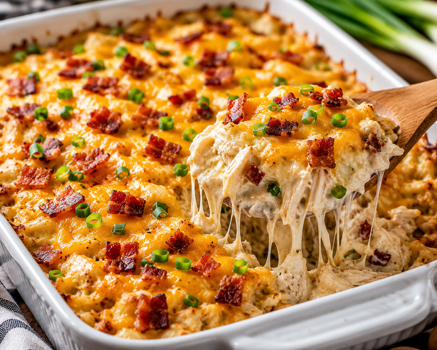 Close-up of Cheesy Bacon Ranch Chicken Casserole with shredded chicken, crispy bacon, melted cheddar cheese, green onions, and gooey cheese pulls being served from a white baking dish.
