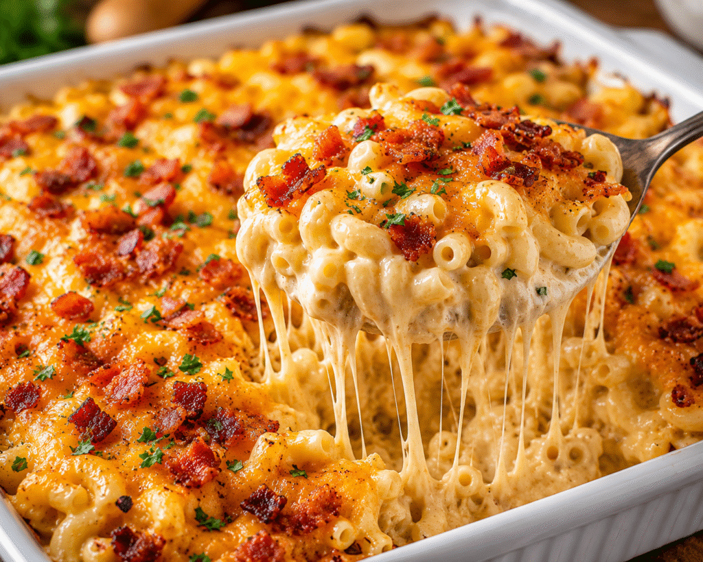 Close-up of Loaded Baked Mac and Cheese topped with crispy bacon and melted cheddar cheese, with a spoon lifting a creamy serving and dramatic cheese pulls from the baking dish.