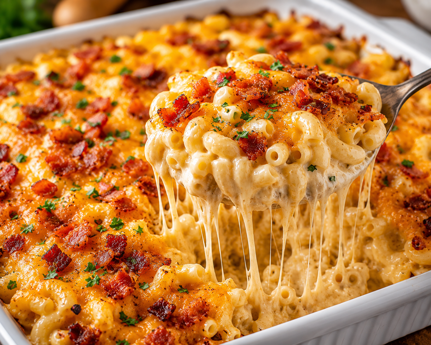 Close-up of Loaded Baked Mac and Cheese topped with crispy bacon and melted cheddar cheese, with a spoon lifting a creamy serving and dramatic cheese pulls from the baking dish.