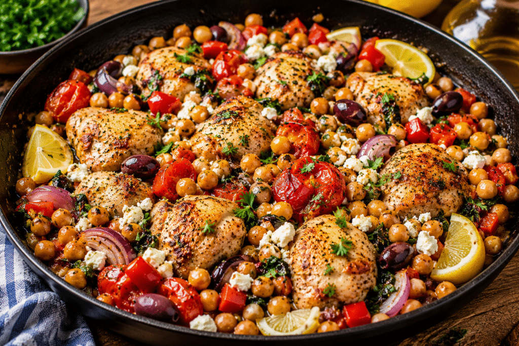 Mediterranean Chicken and Chickpea Skillet with feta cheese, chickpeas, cherry tomatoes, olives, and fresh herbs.