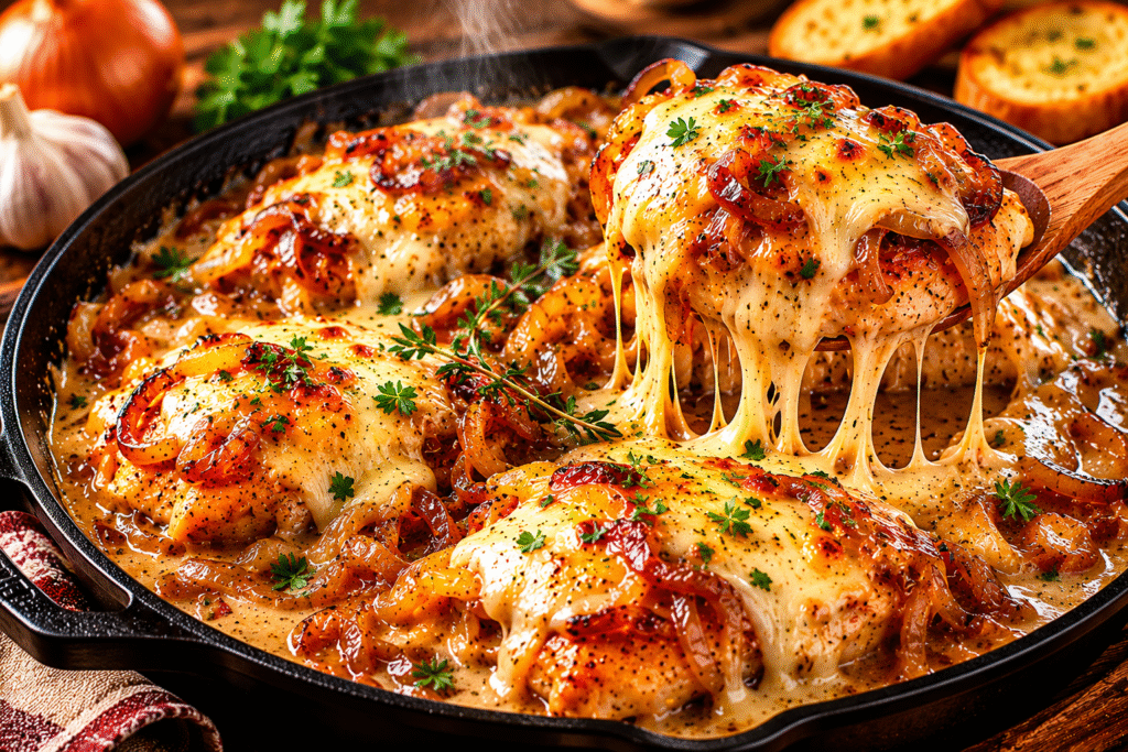 Creamy French Onion Chicken Skillet with caramelized onions, melted Gruyère cheese, and rich onion cream sauce.