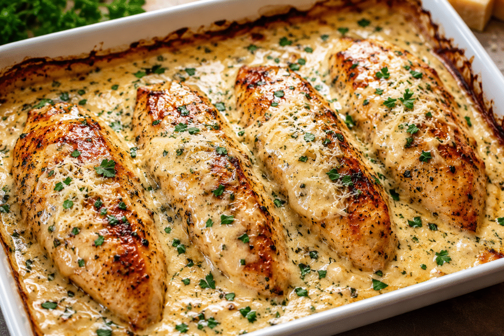 Close-up of baked chicken breasts in a creamy Parmesan garlic sauce, garnished with fresh parsley and melted cheese in a white casserole dish.