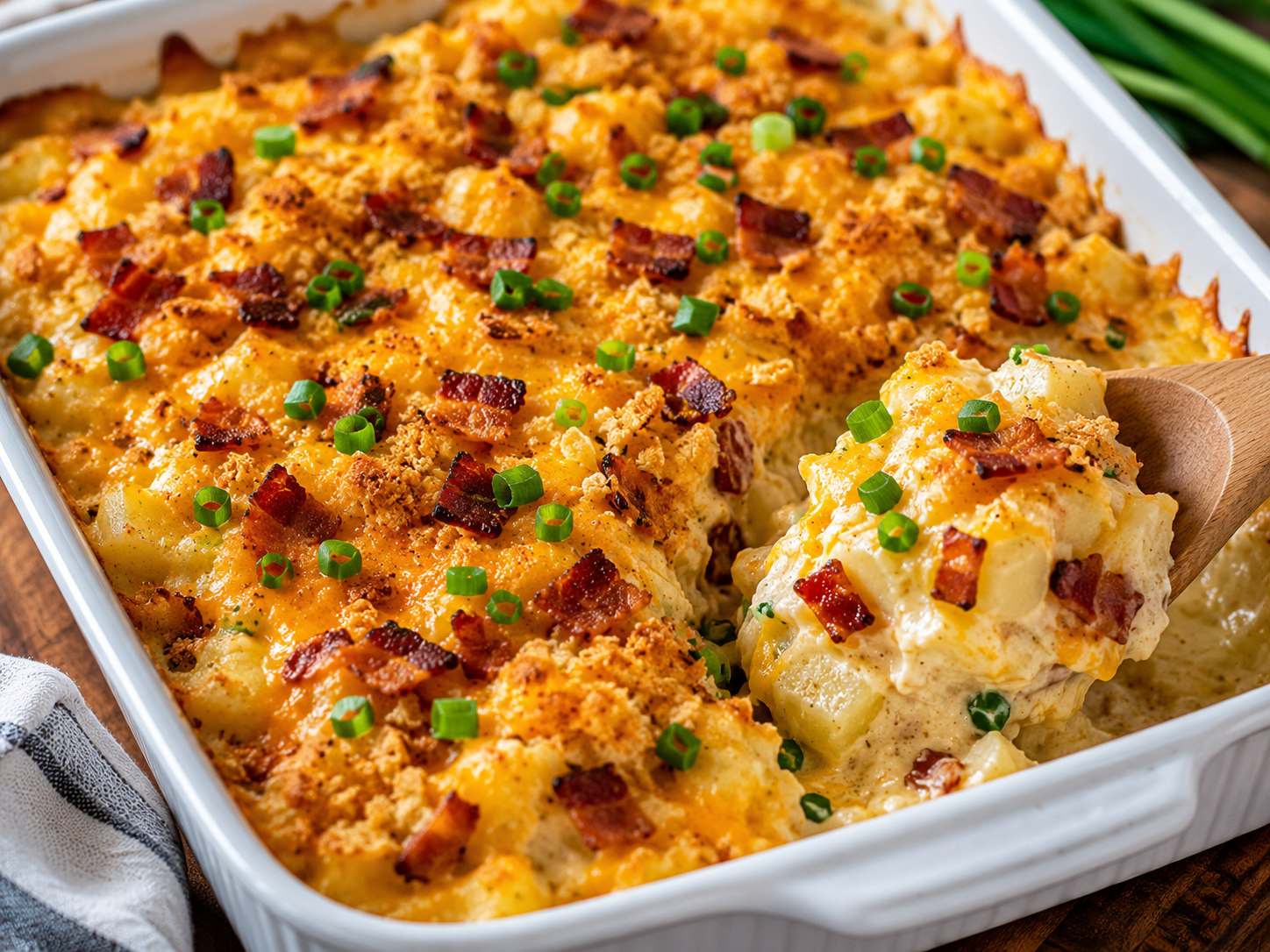 Close-up of Loaded Cheesy Potato Casserole topped with crispy bacon, melted cheddar cheese, green onions, and a creamy potato filling being served from a white baking dish.