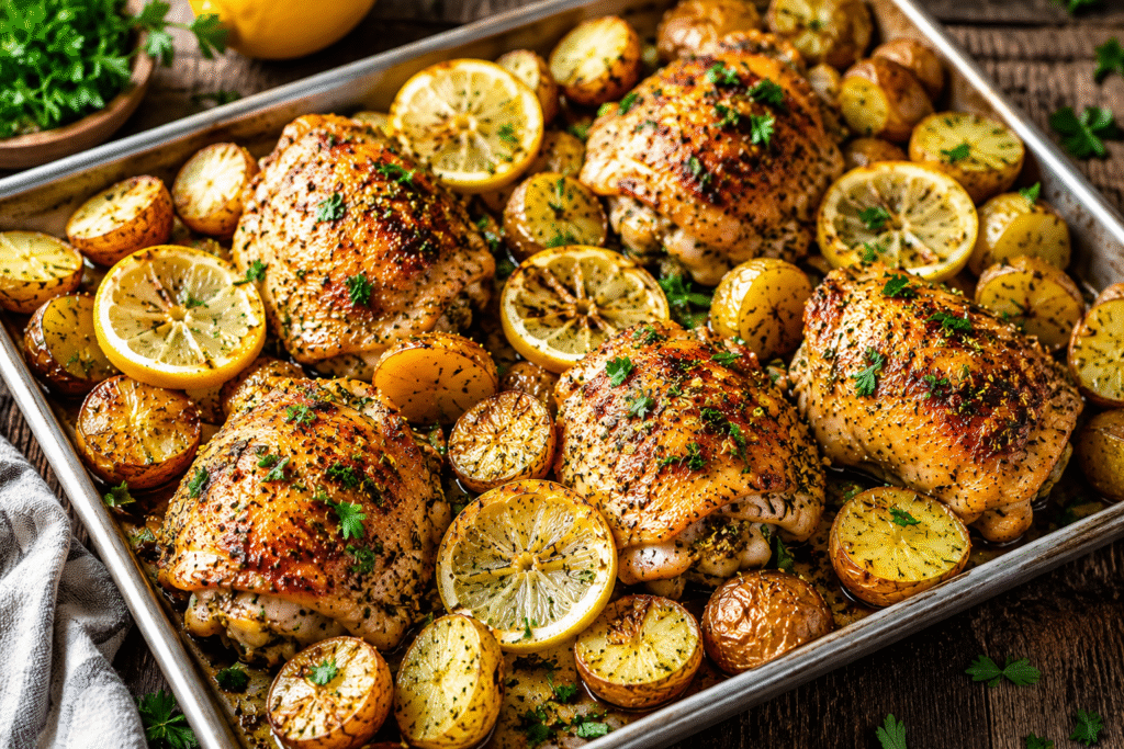 Sheet Pan Lemon Herb Chicken and roasted baby potatoes with fresh lemon slices and parsley on a rustic baking tray.