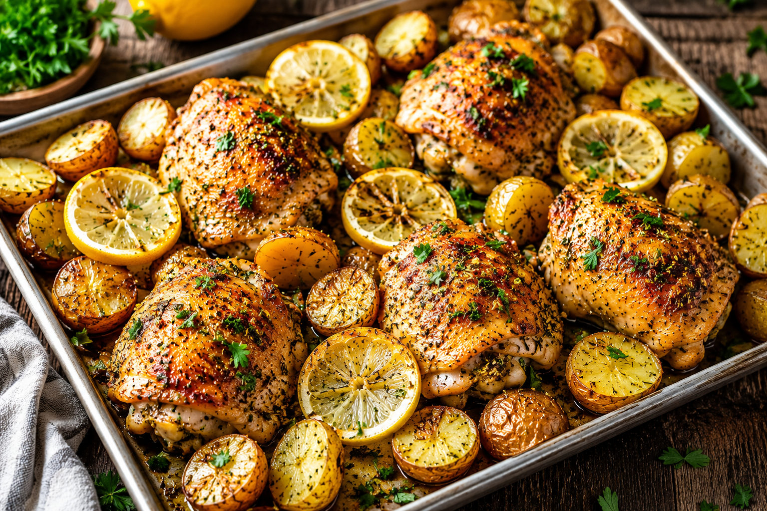 Sheet Pan Lemon Herb Chicken and roasted baby potatoes with fresh lemon slices and parsley on a rustic baking tray.