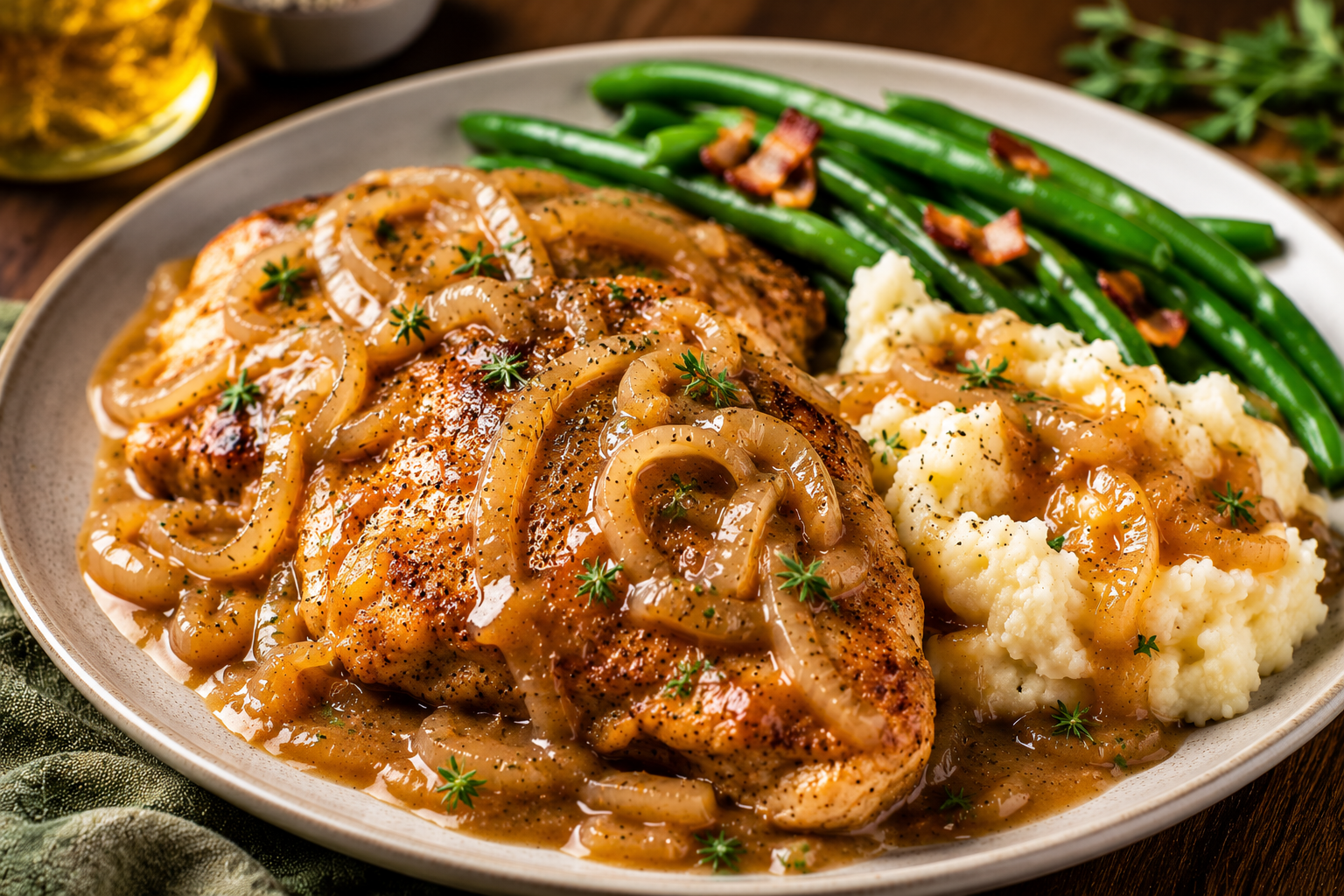 Smothered chicken covered in rich onion gravy served over creamy mashed potatoes with fresh parsley.
