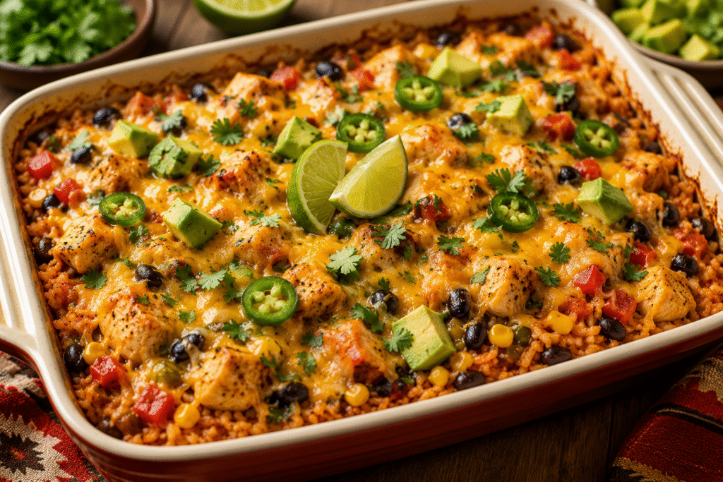 Southwest Chicken Rice Bake with melted cheese, black beans, corn, avocado, cilantro, and seasoned chicken.