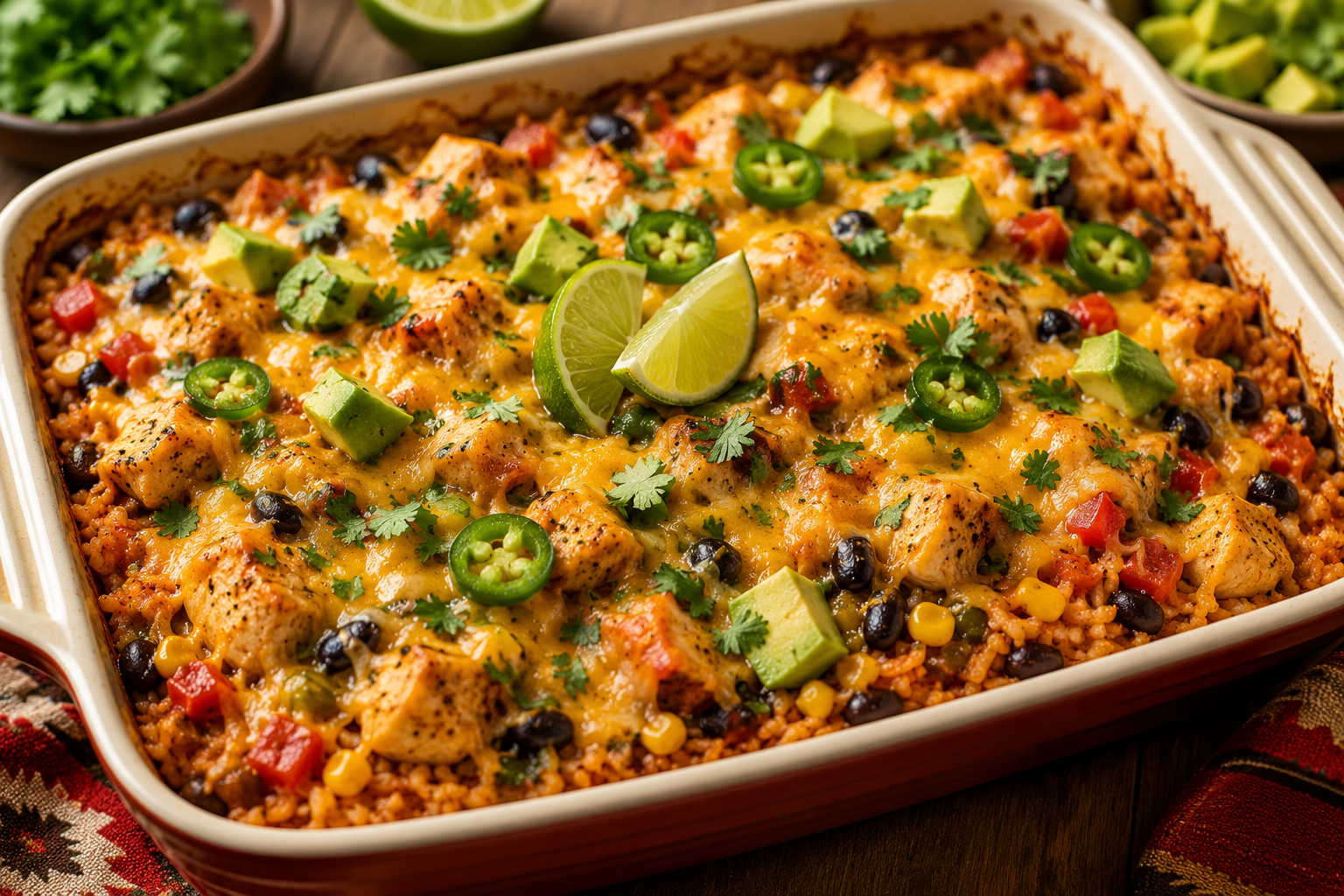 Southwest Chicken Rice Bake with melted cheese, black beans, corn, avocado, cilantro, and seasoned chicken.