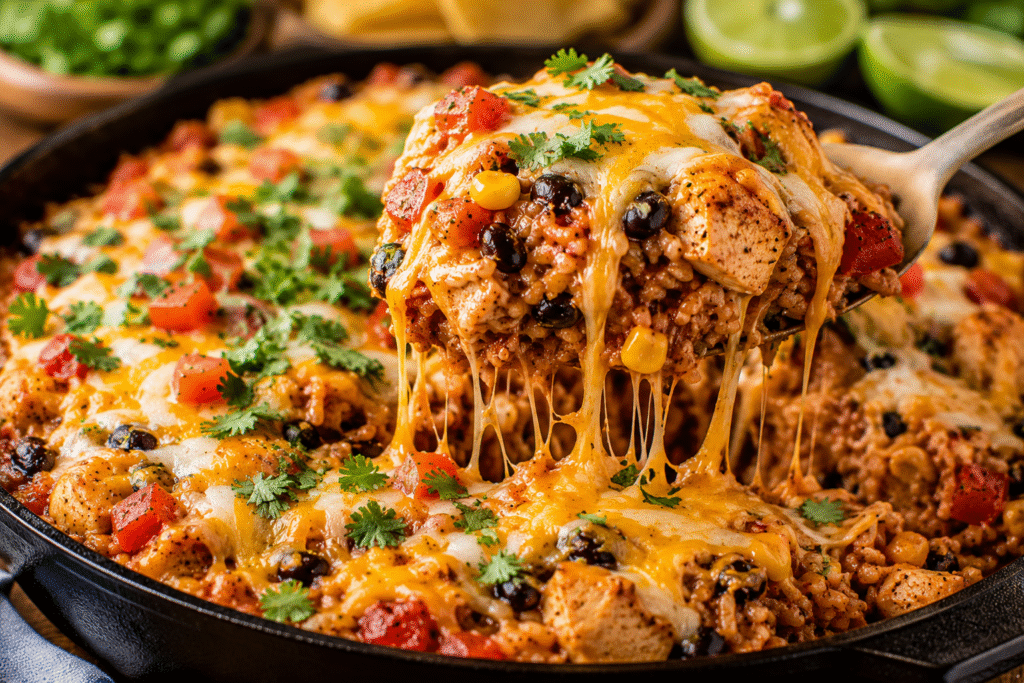 Chicken Taco Rice Bake topped with melted cheese, avocado, cilantro, black beans, corn, and tortilla chips.