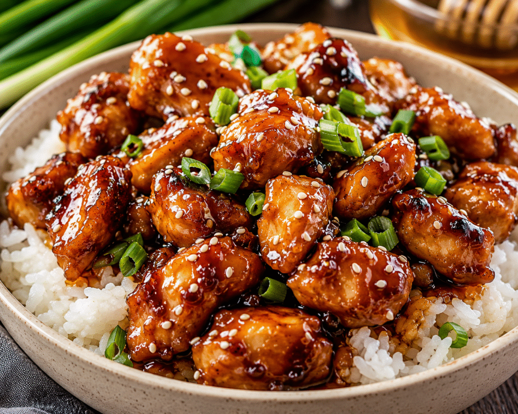 Sticky Honey Garlic Chicken served over fluffy white rice and garnished with sesame seeds and sliced green onions.
