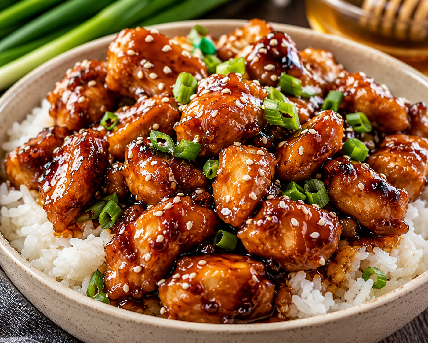 Sticky Honey Garlic Chicken served over fluffy white rice and garnished with sesame seeds and sliced green onions.