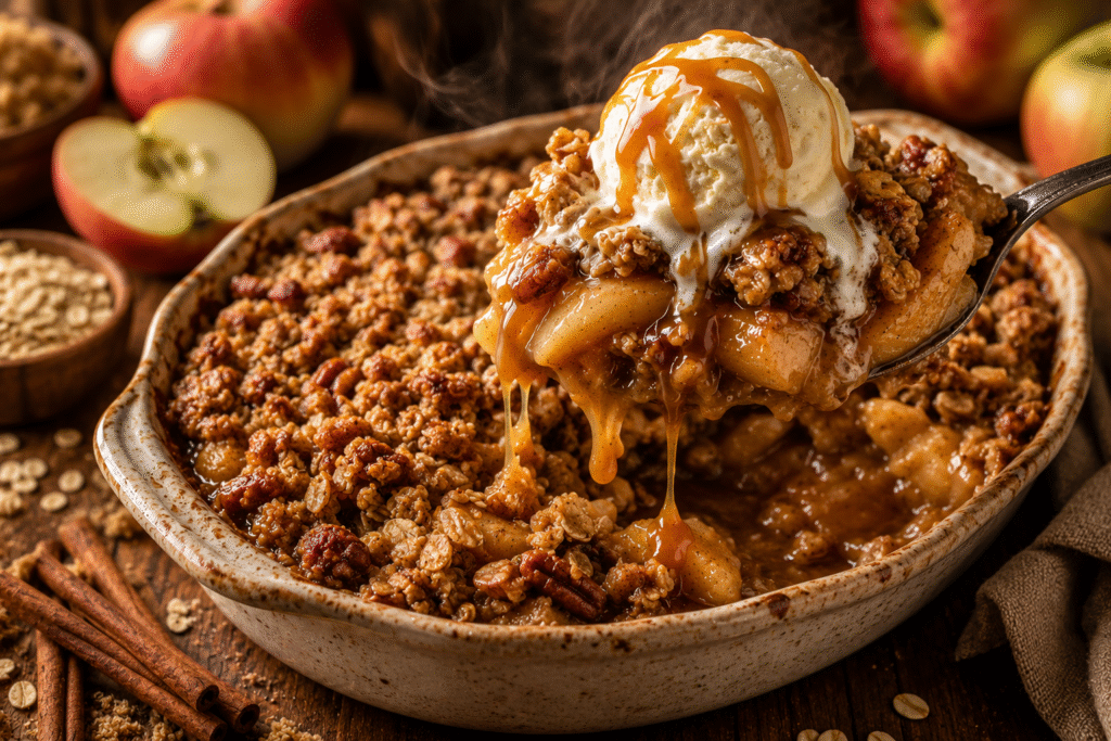 Classic Apple Crisp baked with tender cinnamon apples, a golden buttery oat crumble, and creamy vanilla ice cream drizzled with caramel sauce.