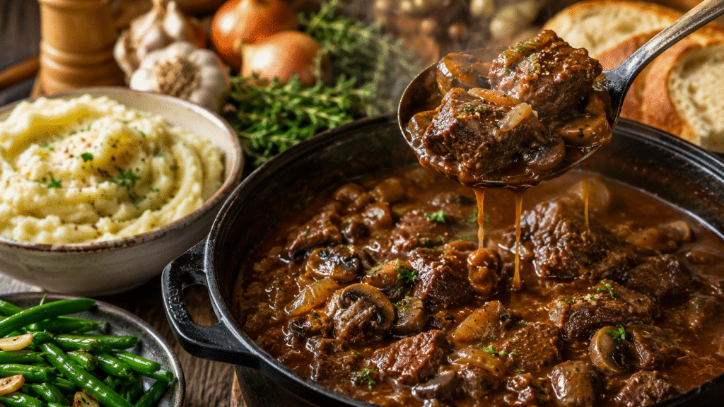 Tender beef tips in rich brown gravy with caramelized onions and mushrooms, served with creamy mashed potatoes and roasted garlic green beans in a rustic Dutch oven.