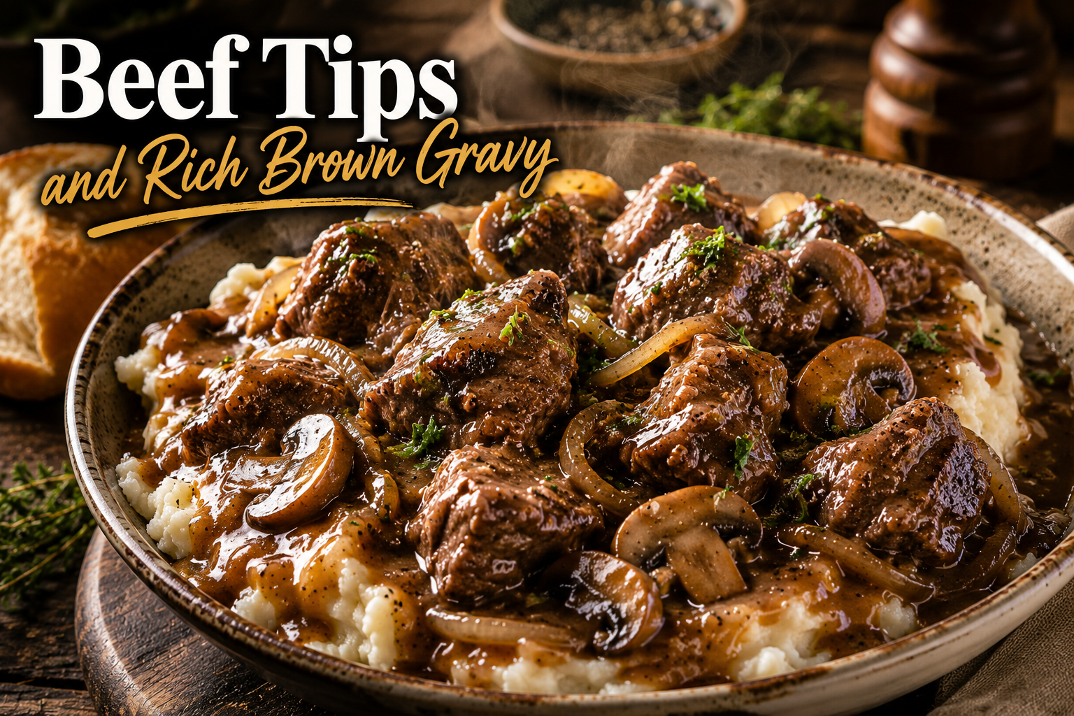 Beef tips with rich brown gravy served over creamy mashed potatoes with mushrooms, onions, and fresh parsley in a rustic bowl.