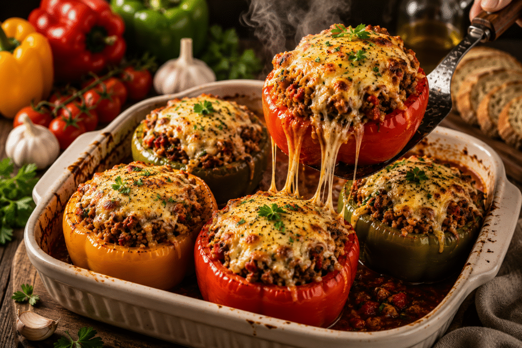 Oven-Baked Stuffed Bell Peppers filled with seasoned ground beef, rice, melted cheese, and herbs in a rustic baking dish.