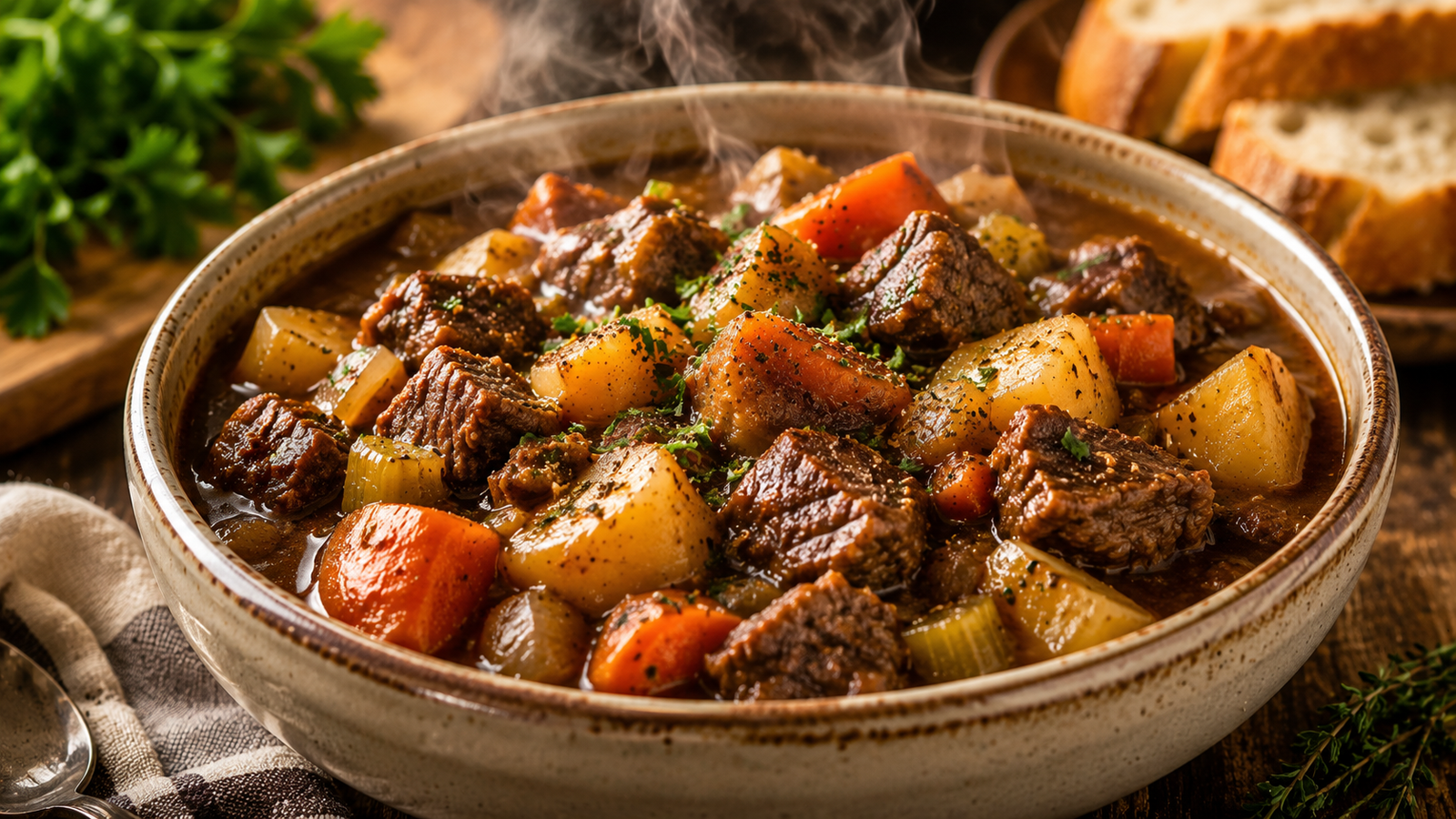 Hearty Homestyle Beef Stew with tender beef, potatoes, carrots, celery, and rich gravy served in a rustic bowl.