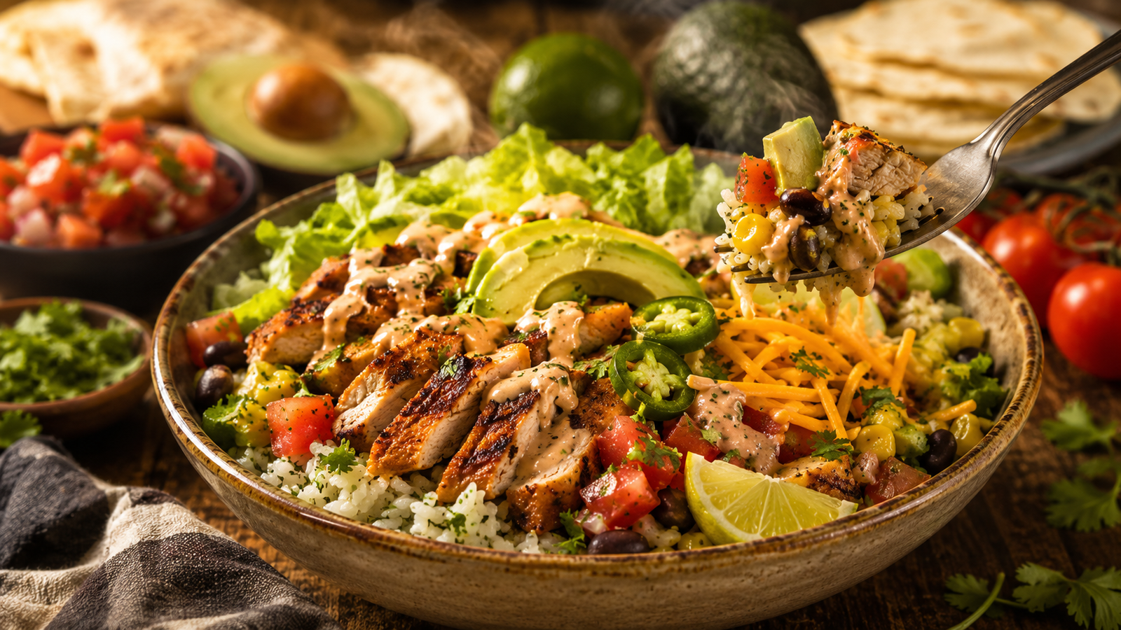 Chicken Burrito Bowl with grilled chicken, cilantro-lime rice, black beans, corn, avocado, tomatoes, cheddar cheese, and creamy chipotle sauce.