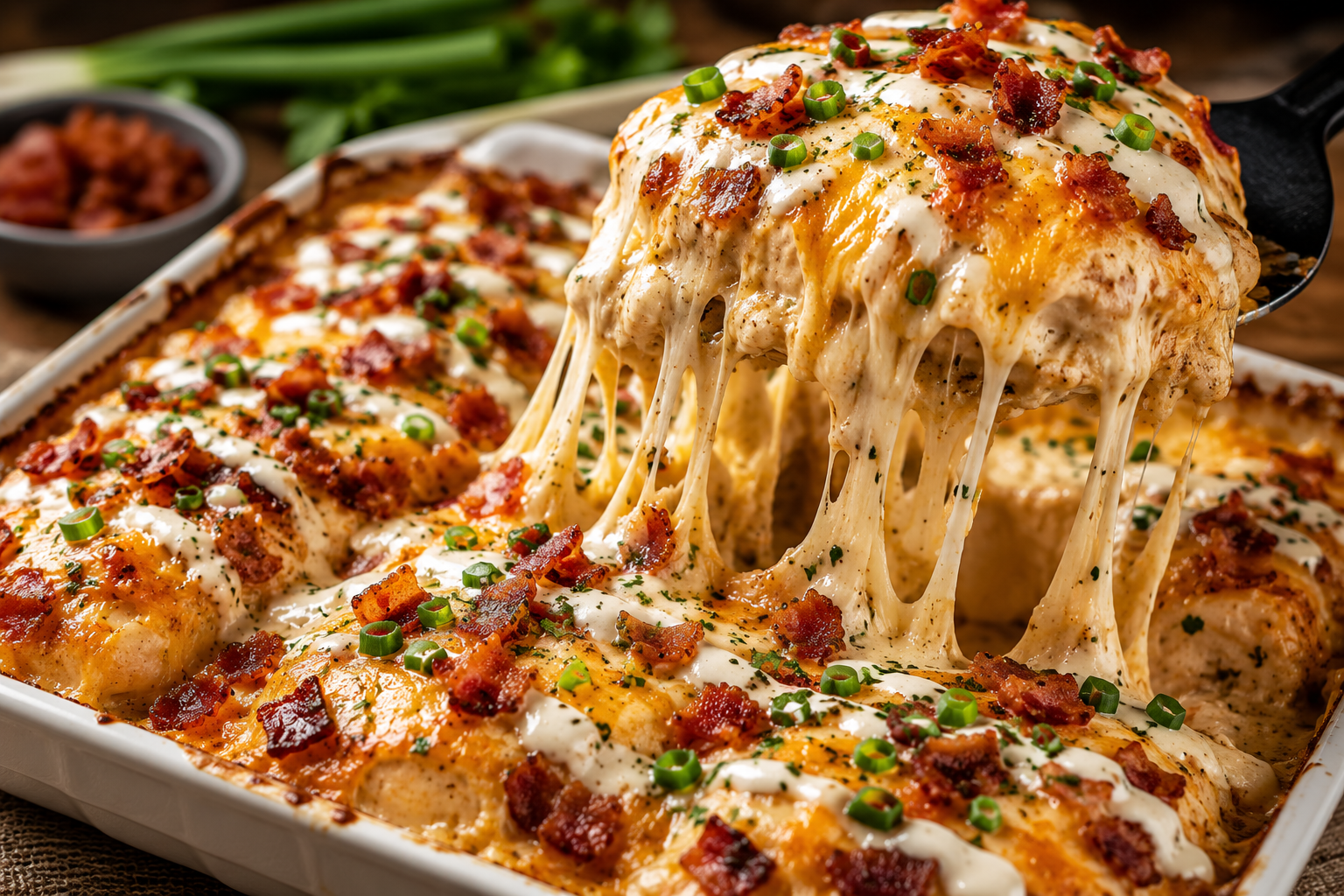 Loaded Bacon Ranch Chicken Bake with juicy chicken, crispy bacon, melted cheese, ranch drizzle, and a dramatic cheese pull served fresh from the oven.