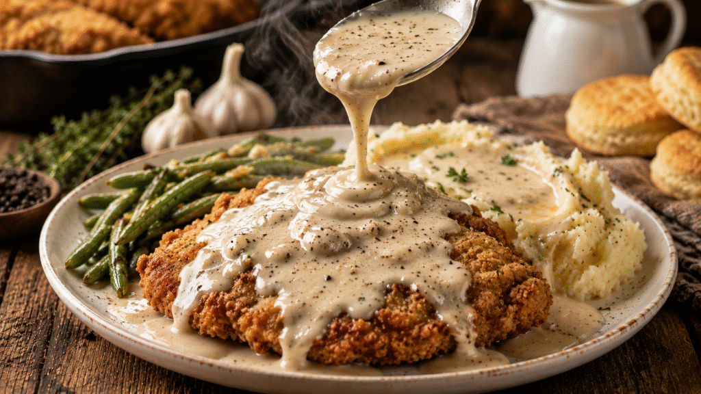 Chicken fried steak smothered in creamy country gravy served with buttery mashed potatoes and roasted garlic green beans on a rustic dinner plate.