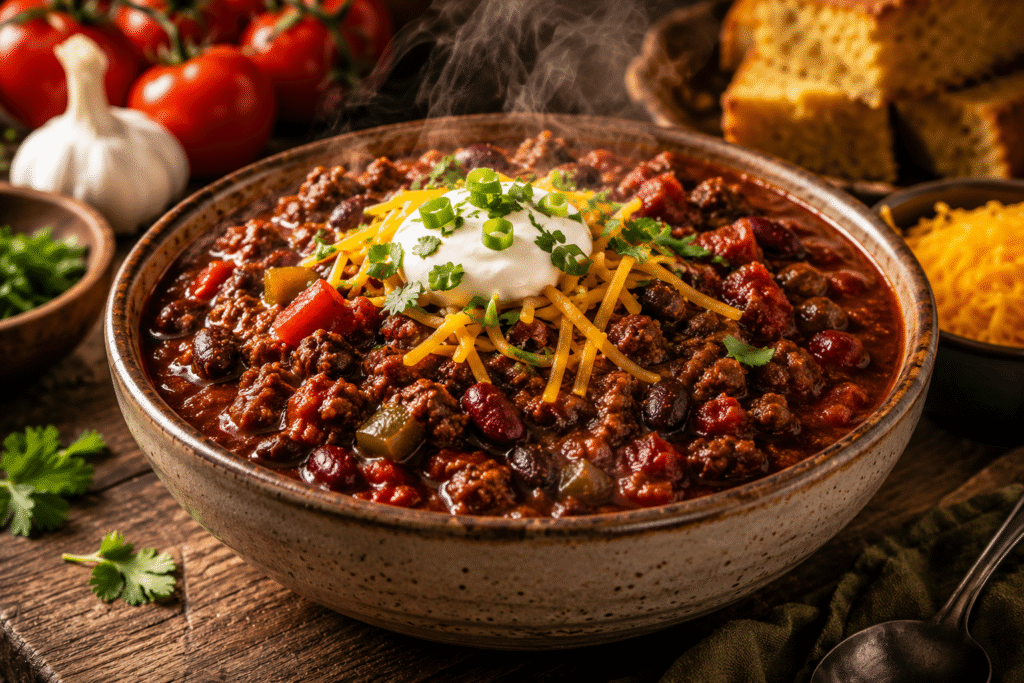 Classic Homemade Chili served in a rustic bowl with seasoned ground beef, beans, melted cheddar cheese, sour cream, green onions, and fresh herbs.