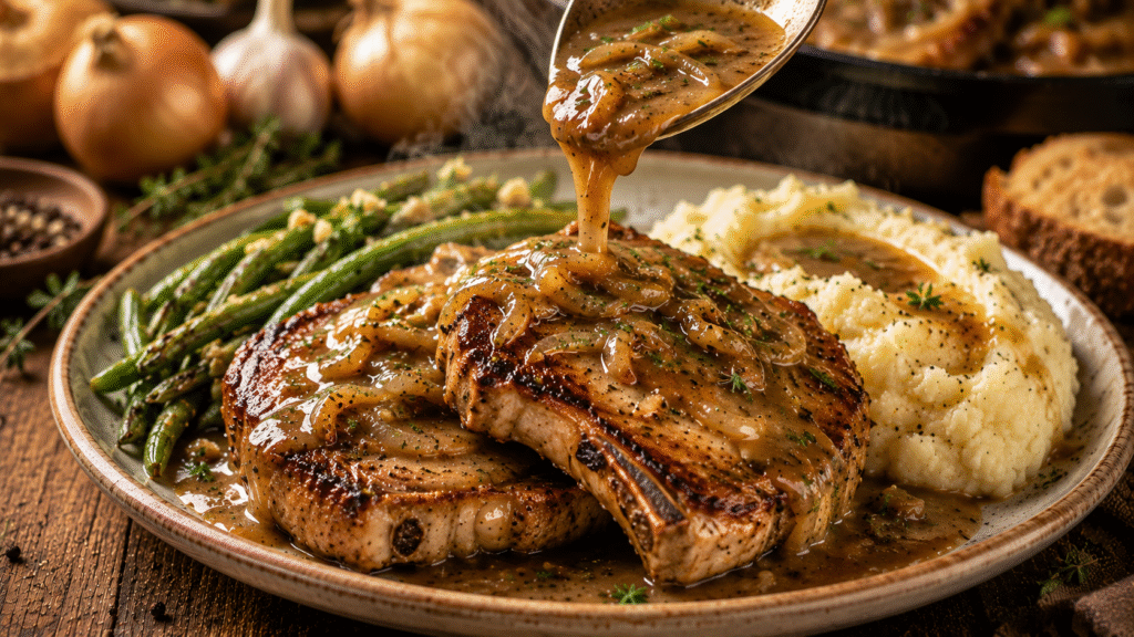 Smothered pork chops covered in rich caramelized onion gravy, served with creamy mashed potatoes and roasted garlic green beans on a rustic dinner plate.