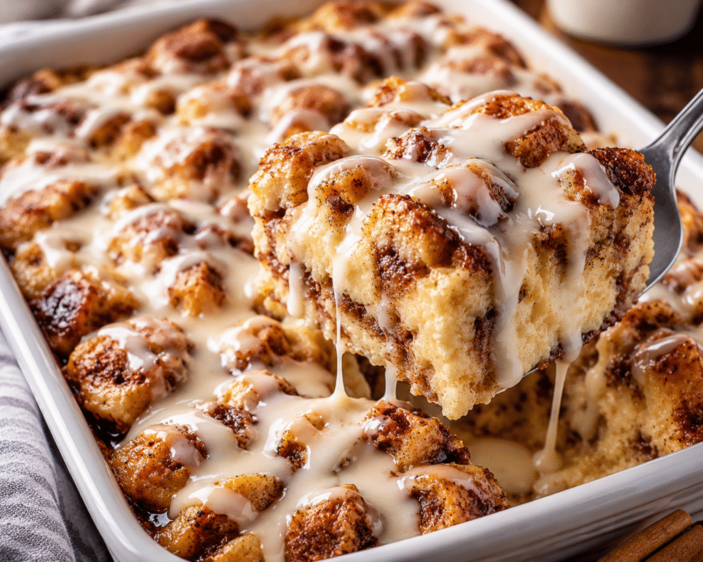 Cinnamon Roll Bread Pudding served warm with creamy vanilla glaze, lifted from a rustic baking dish with a spoon, featuring gooey cinnamon swirls and visible steam.