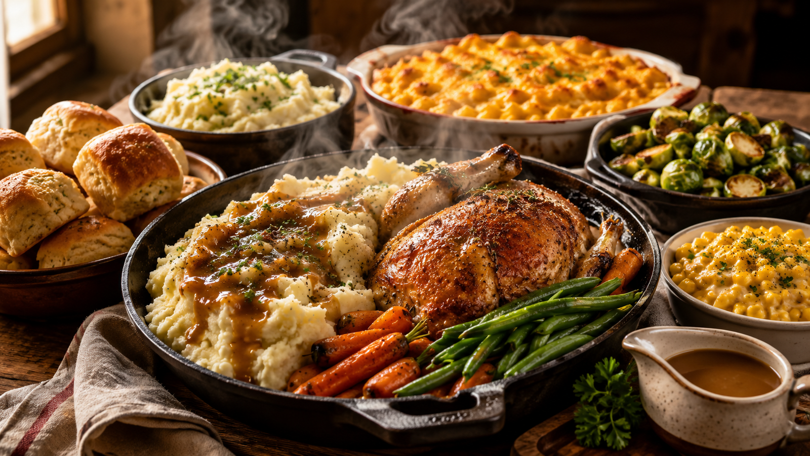 A collection of homemade pasta dishes including creamy chicken Alfredo, lasagna, baked pasta, pesto penne, spaghetti Bolognese, and cheesy ravioli on a rustic farmhouse table.