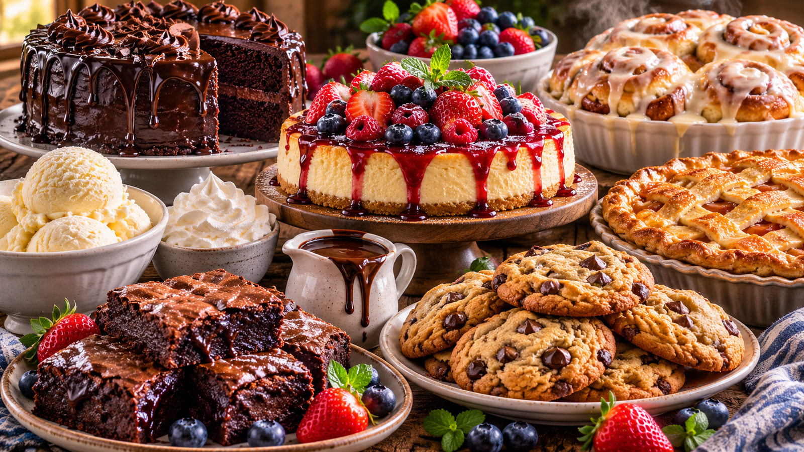 A delicious assortment of homemade desserts including chocolate cake, cheesecake, brownies, cinnamon rolls, cookies, pie, and fresh berries.