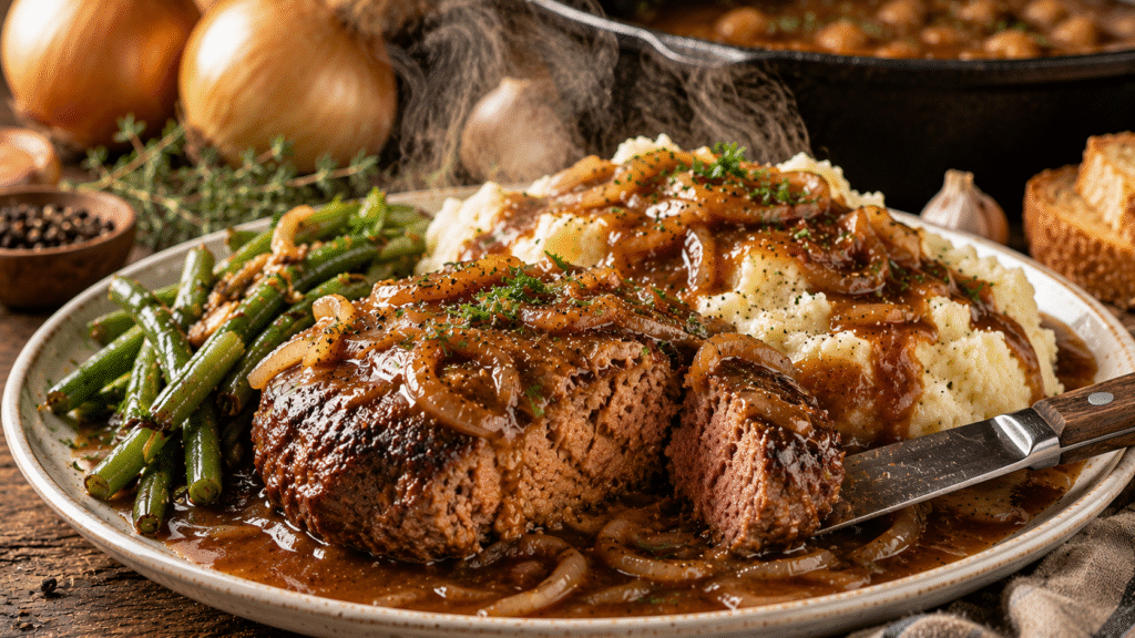 Juicy hamburger steak smothered in rich onion gravy served with creamy mashed potatoes and roasted garlic green beans on a rustic dinner plate.