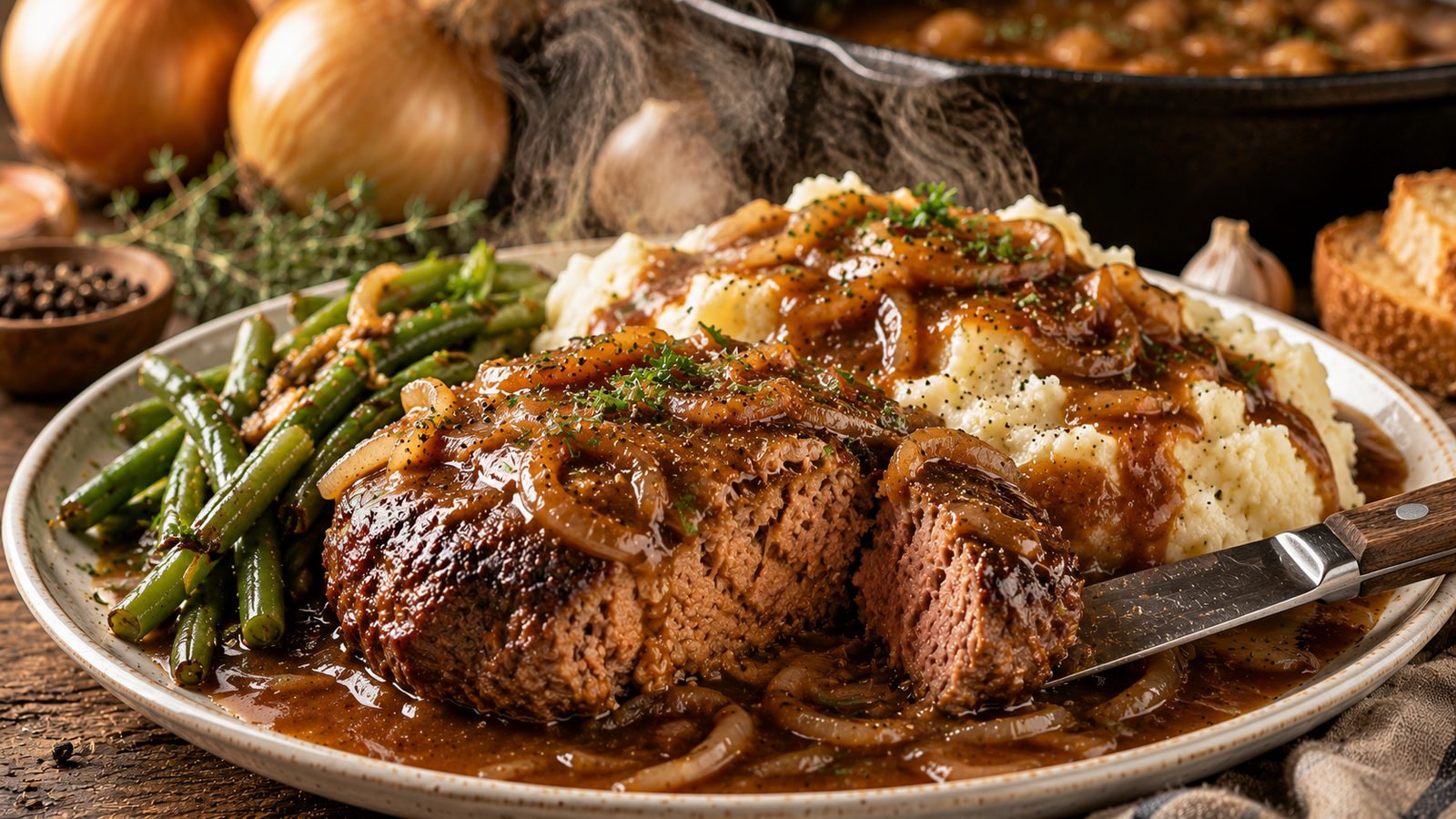 Juicy hamburger steak smothered in rich onion gravy served with creamy mashed potatoes and roasted garlic green beans on a rustic dinner plate.