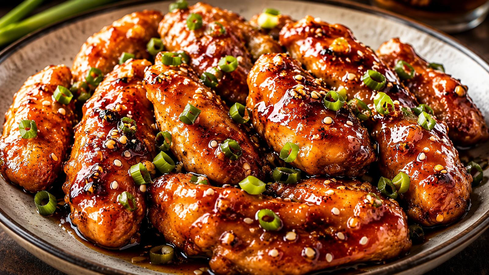 Sticky Honey Garlic Chicken coated in a rich glossy honey garlic sauce with sesame seeds and fresh green onions.