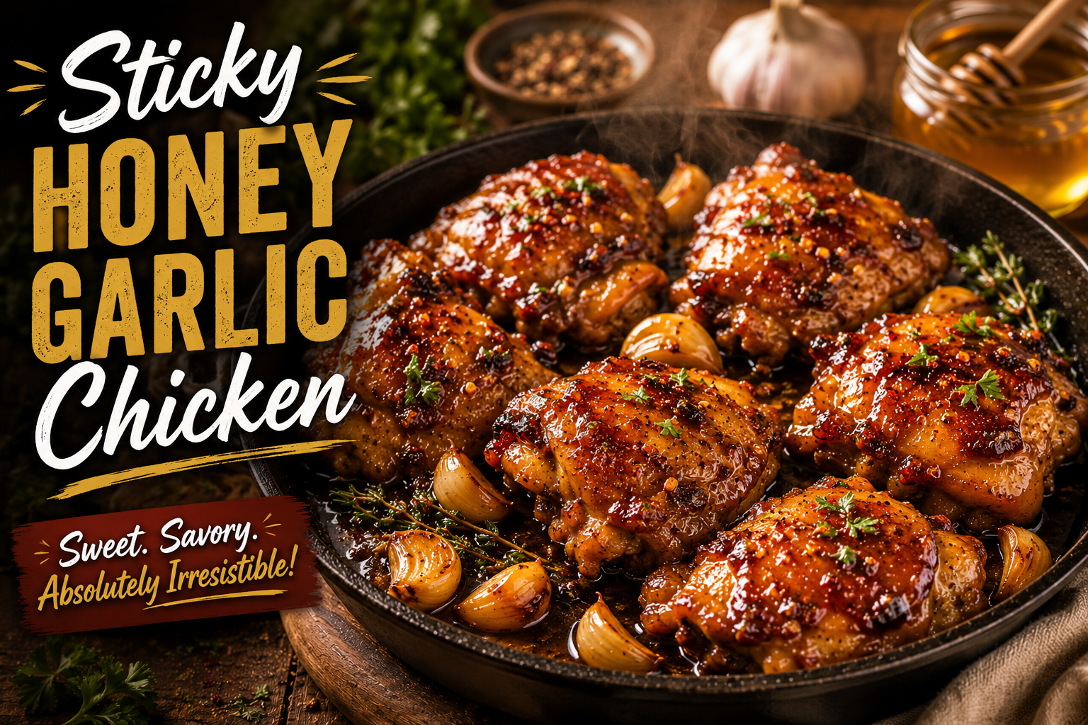 Sticky Honey Garlic Chicken in a skillet coated in a glossy honey garlic glaze with roasted garlic cloves and fresh parsley.