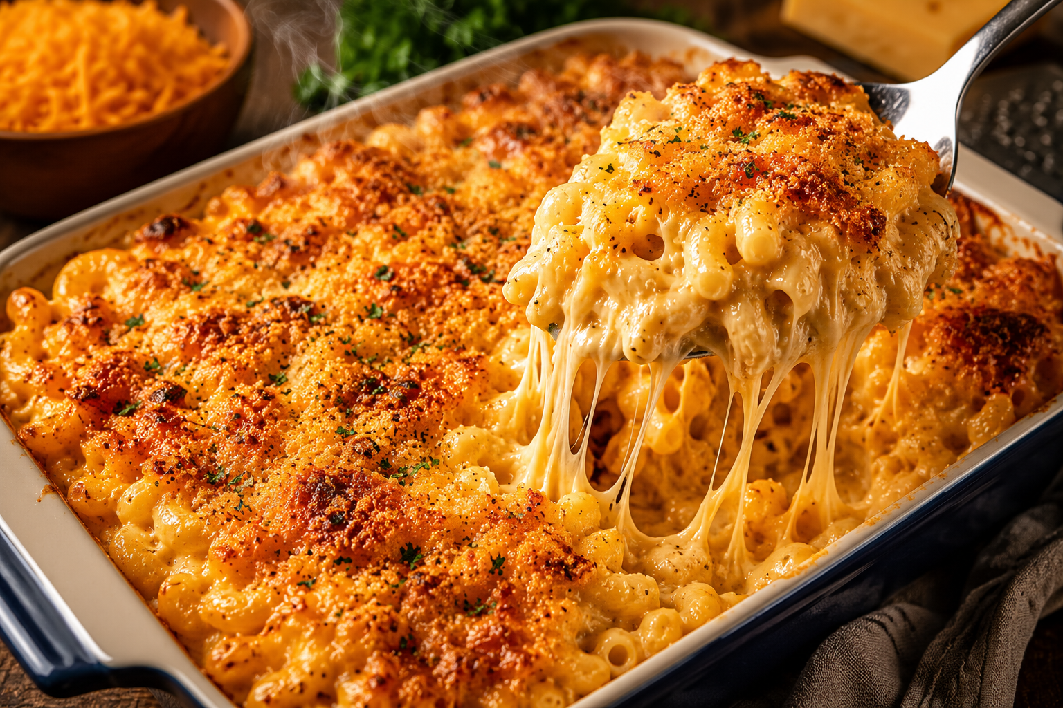 Loaded Baked Mac and Cheese with a crispy golden topping and creamy cheese pull lifted from a rustic ceramic baking dish.
