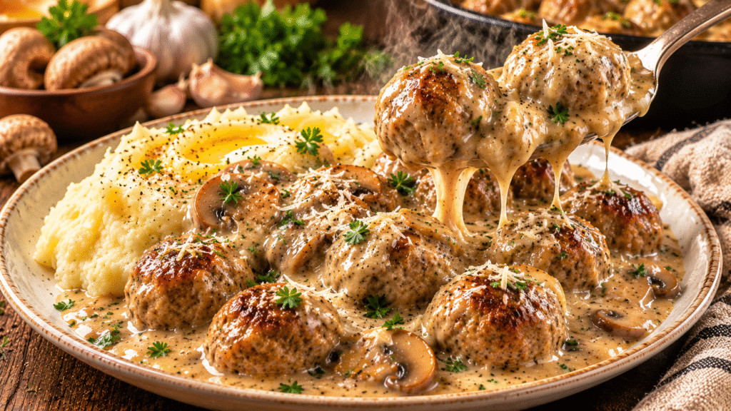 Creamy Swedish meatballs served over buttery mashed potatoes with rich garlic Parmesan gravy, sautéed mushrooms, and fresh parsley.