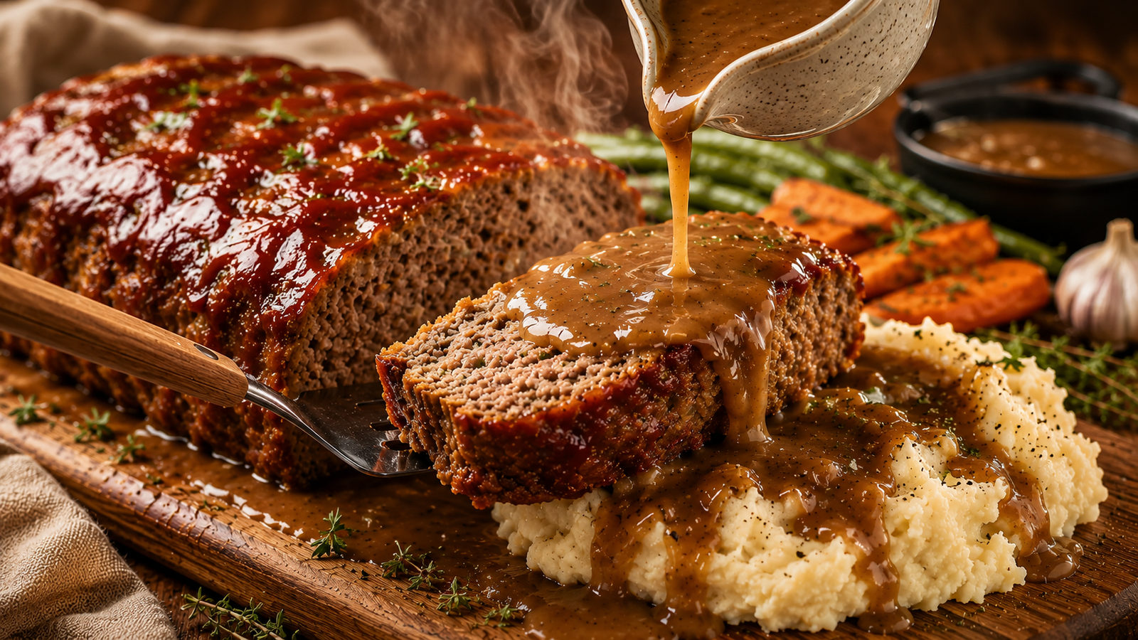 Classic Homemade Meatloaf with Rich Brown Gravy served with creamy mashed potatoes, rich gravy, and fresh parsley.