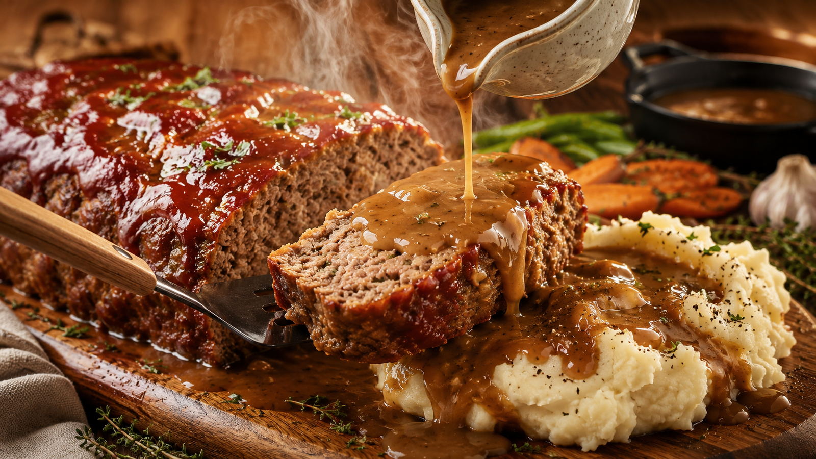Classic Homemade Meatloaf with rich brown gravy poured over a thick juicy slice, served with creamy garlic mashed potatoes, roasted carrots, and green beans on a rustic wooden serving board.