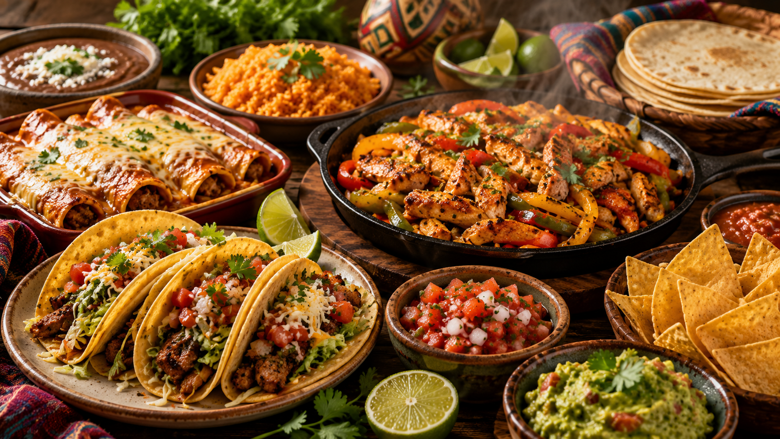 A colorful spread of homemade Mexican recipes including tacos, enchiladas, fajitas, Mexican rice, guacamole, salsa, and fresh toppings.