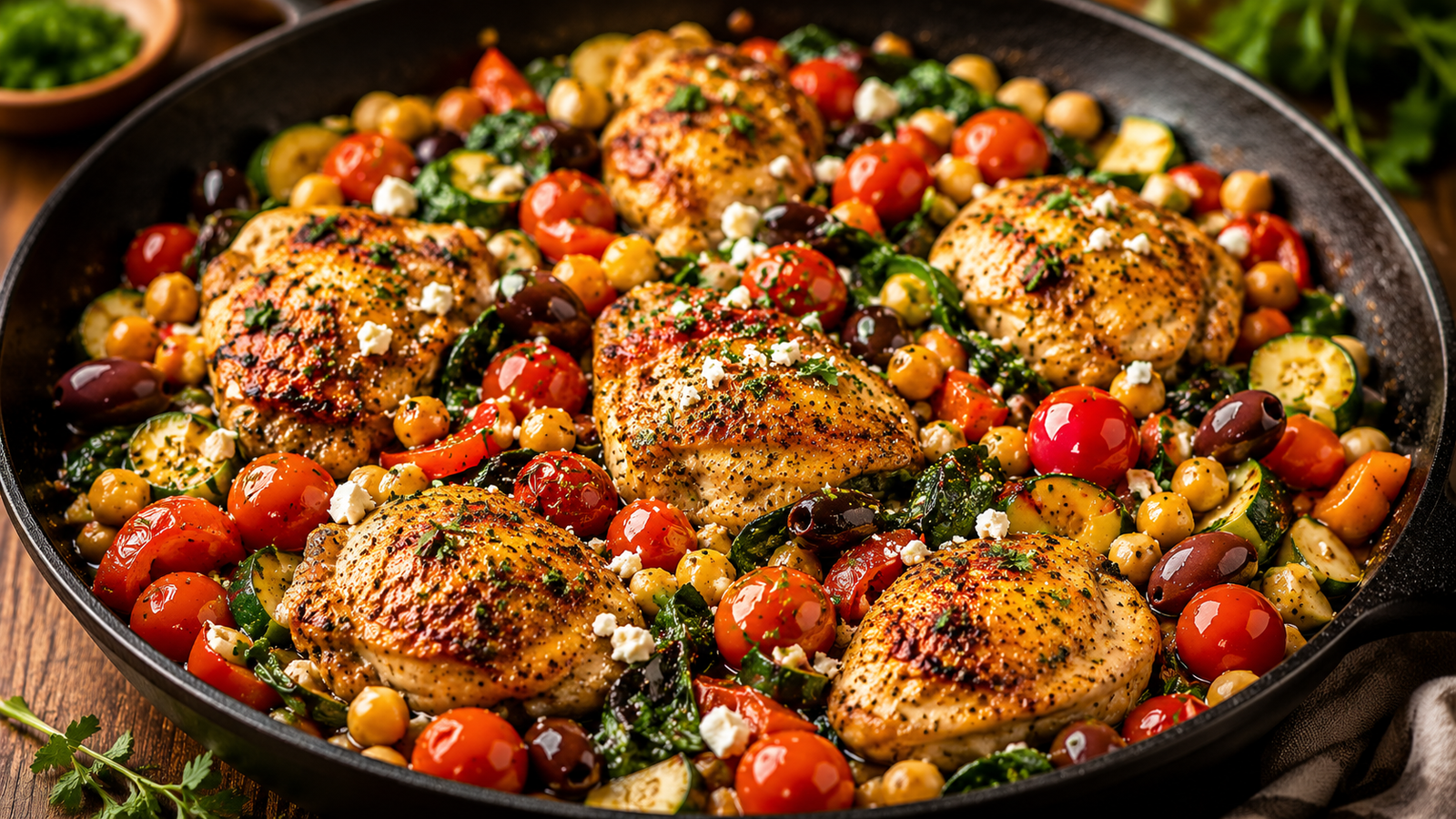 One-pan chicken dinner with seasoned chicken, fresh vegetables, and a rich homemade sauce served in a skillet.